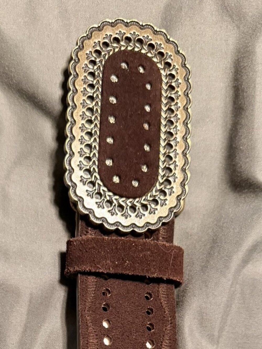 Women’s Dark Brown Leather Belt with Ornate Brass-Tone Buckle